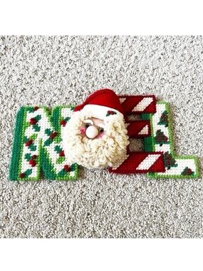 Handmade Yarn Plastic Canvas Noel Santa Christmas Decor Red Green Cottage Holly